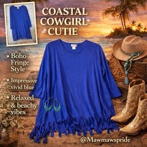 COASTAL COWGIRL CUTIE Lady Curvaceous Blue Fringe Hem Boho Tunic Top 2XL Y2K